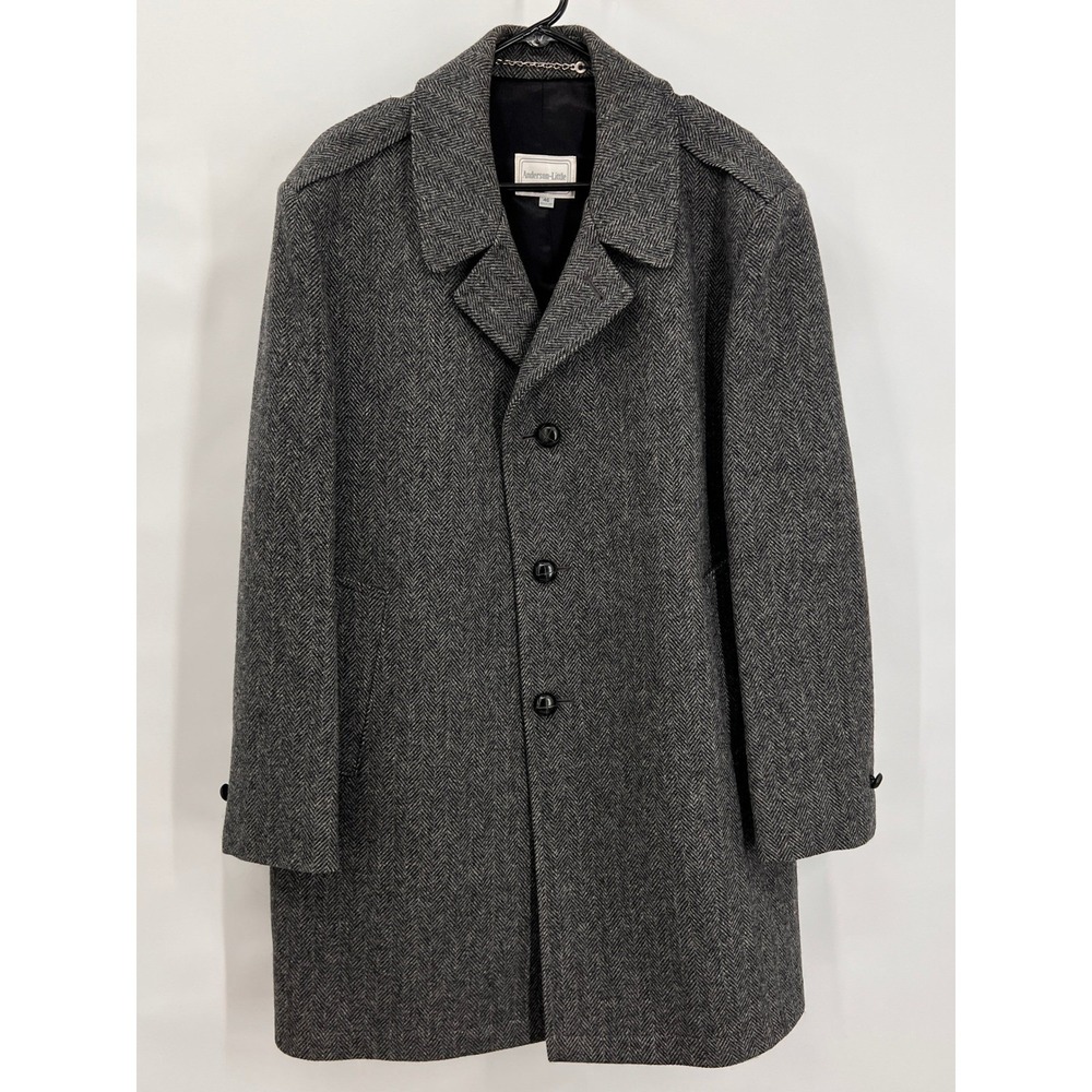 Anderson-Little Mens Grey‎ Herringbone Wool Blend Car Coat Overcoat Size 46 Reg